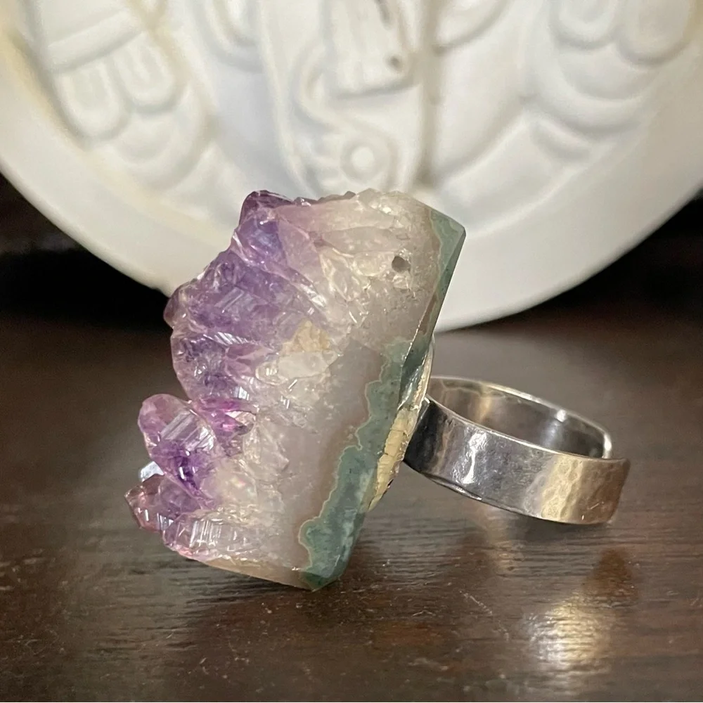 Natural Chunky Amethyst Druzy Crystal Silver Ring adjustable 925